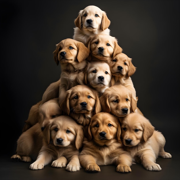 Dolci momenti di cuccioli di Golden Retriever impilati