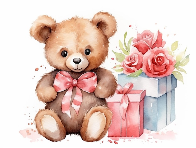 Dolci orsacchiotti con l'amore rosa e scatola regalo acquerello cartone animato illustrazione vettoriale design e buono per il felice giorno di San Valentino