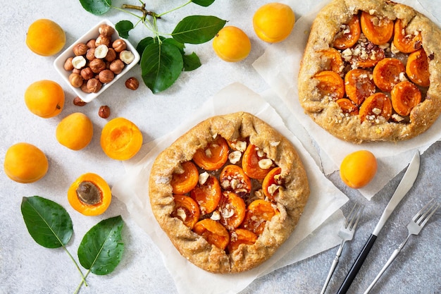 Dolci sani a base di farina di segale dessert dietetici Galette con albicocche e noci Vista dall'alto