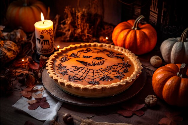 Dolci terrificanti per Halloween Torta dolce alla zucca decorata con ragni e pipistrelli di cioccolato