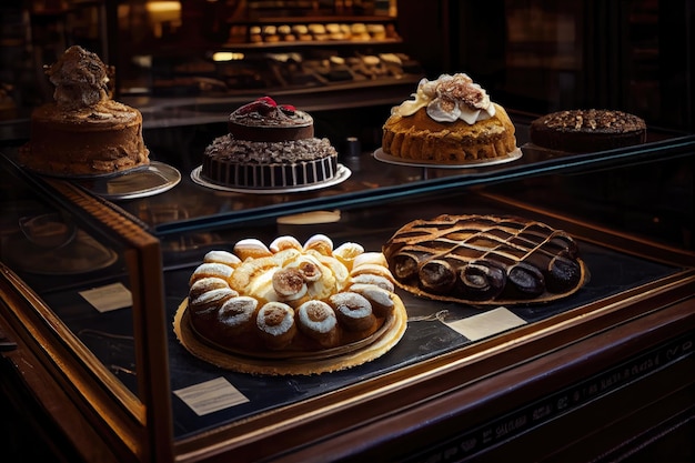 Dolci tradizionali parigini in panetteria con decorazioni in pasticceria da tavola