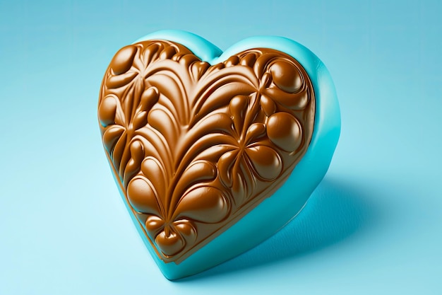 Dolciumi al cuore di cioccolato come regalo su sfondo azzurro creato con intelligenza artificiale generativa