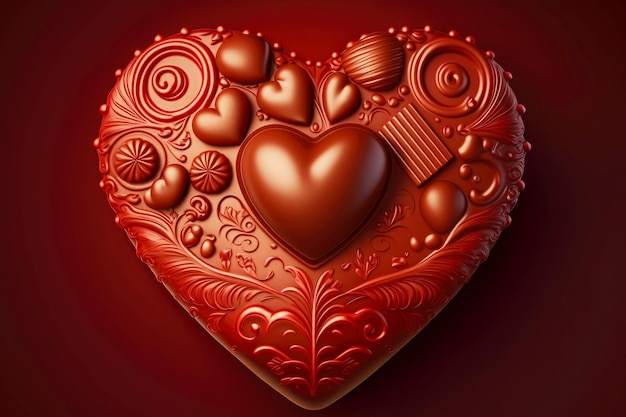 Dolciumi al cuore di cioccolato per san valentino su sfondo rosso creato con ai generativa