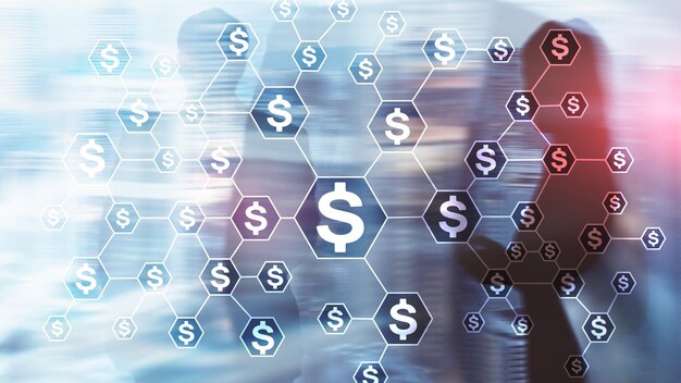 Dollari icone struttura della rete di denaro ICO trading e investimento Crowdfunding