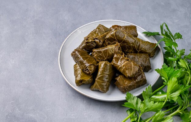 Dolma L'uva ripiena lascia la tradizionale cucina greca turca caucasica su un piatto blu con erbe fresche su uno sfondo chiaro