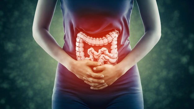 Dolore addominale donna foto dell'intestino crasso sul corpo della donna mal di stomaco sintomo di diarrea mestruale