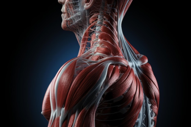 Dolore alla spalla Corpo maschile muscoloso Carino bodybuilder in posa su sfondo grigio Foto in bianco e nero con punto rosso