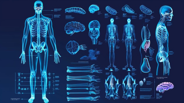 Dolore nel corpo umano Silhouette dello scheletro maschile Colonna vertebrale ginocchio e altre icone articolari Artrite infiammazione frattura struttura ossea e concetto di cartilagine Illustrazione moderna piatta