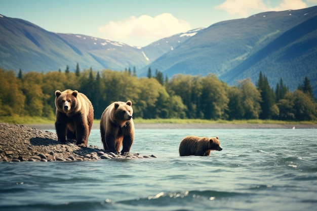 Dominano il paesaggio Gli orsi bruni della Kamchatka Ursus arctos beringianus Gli orsi grizzly sul fiume Kamchatka AI generato