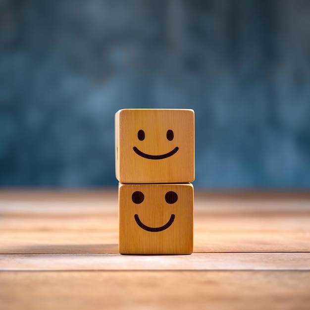 Dominoes su sfondo di legno Emoticon faccia su Wooden Cube AI generato