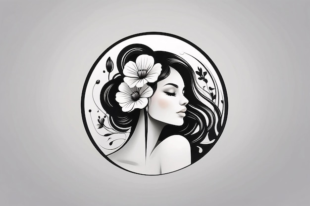 Dona bianca e nera illustrazione piatta in cerchio ritratto del logo con elemento botanico floreale