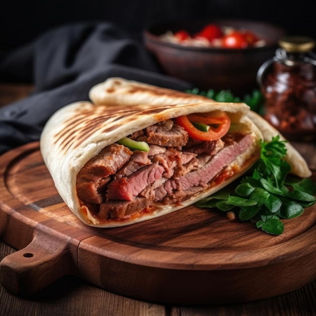 Doner di carne nel pane pita su una tavola di legno