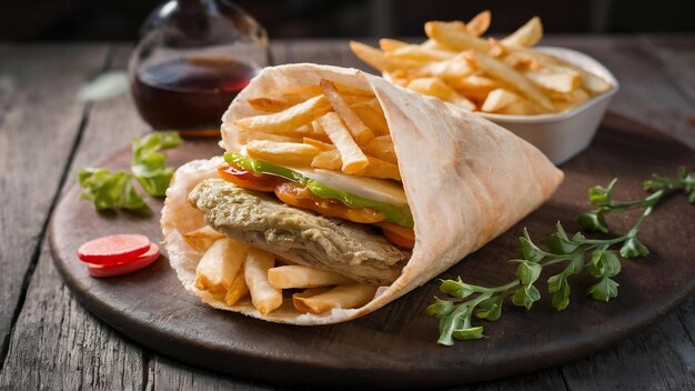 Doner di pollo in lavash con patatine fritte