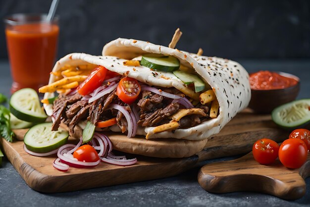 Doner di vista laterale con la salsa di pomodori e le patate fritte del cetriolo della carne su un bordo