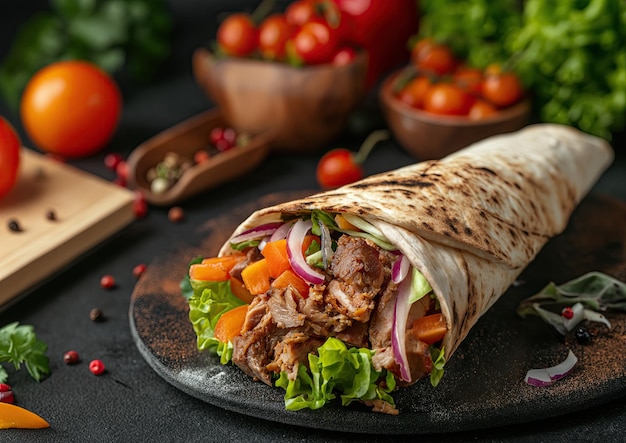 Doner Kebab deliziosamente grigliato con insalata colorata su un tavolo di granito in un moderno kit mediterraneo