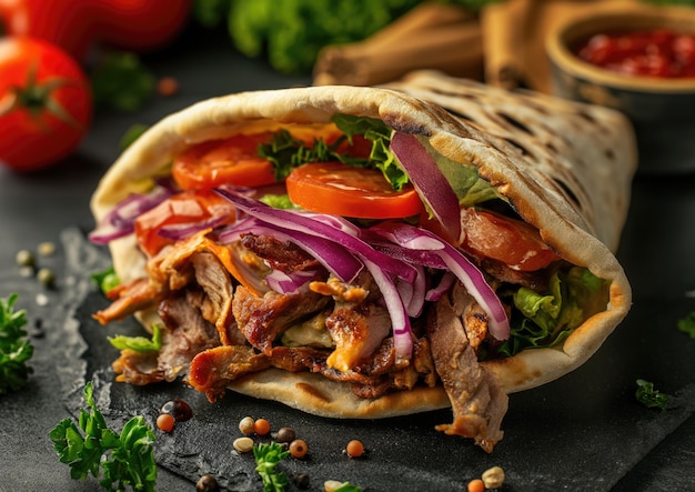 Doner Kebab deliziosamente grigliato con insalata colorata sul tavolo di granito nella moderna cucina mediterranea