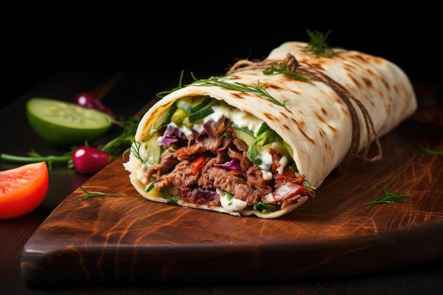 Doner kebab in lavash esposto su una tavola di legno vista da un lato