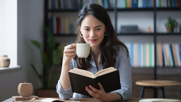 Donna a colpo medio con un libro e una tazza