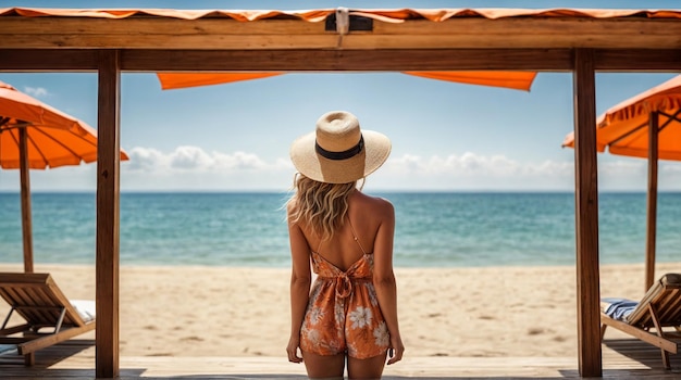 Donna a piedi nudi che cammina sulla spiaggia sabbia guardando il mare Vacanze di viaggio relax estate