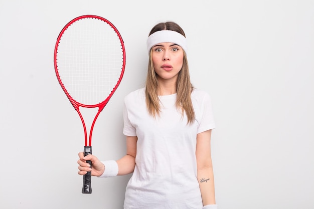 Donna abbastanza giovane che sembra perplessa e confusa. concetto di tennis