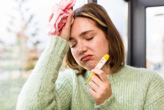 Donna abbastanza giovane con un design d'interni della casa di concetto di influenza del termometro