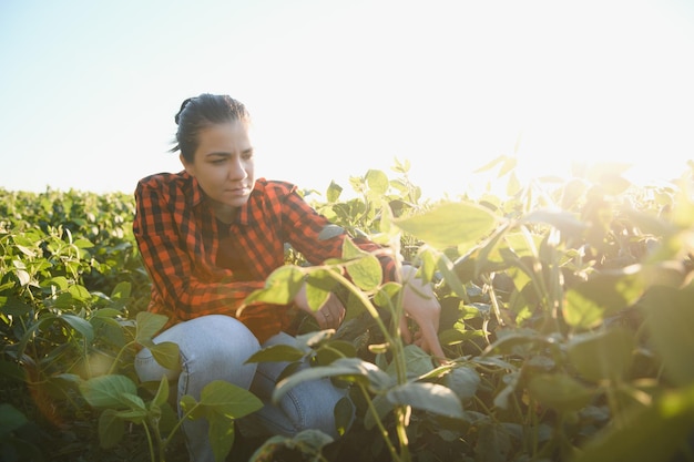 Donna abbastanza giovane nel campo di soia