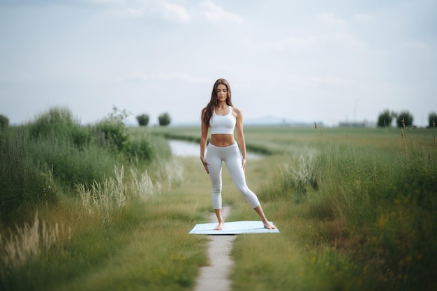 Donna adatta che pratica la posa yoga del viso di mucca in piedi all'aperto