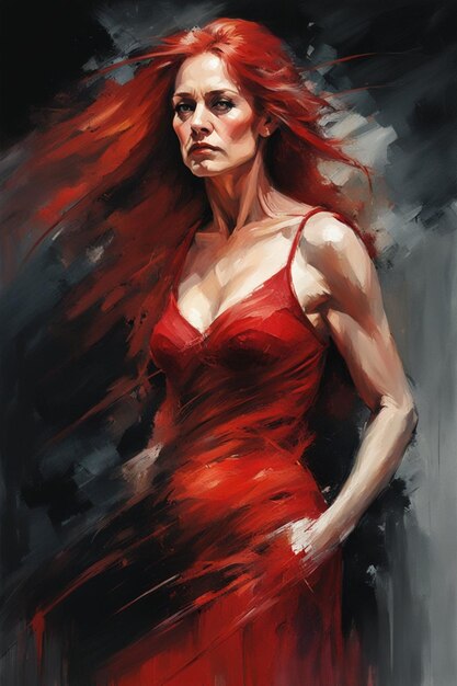 donna adulta caucasica alta e muscolosa con lunghi capelli rossi che indossa un abito rosso in un'atmosfera esoterica scura