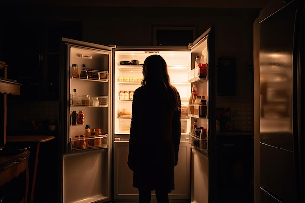 Donna affamata che cerca cibo in frigo di notte IA generativa