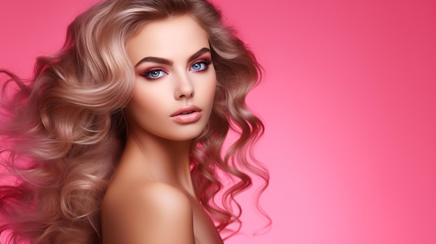 Donna affascinante con i capelli che scorrono contro uno sfondo rosa AI generativa