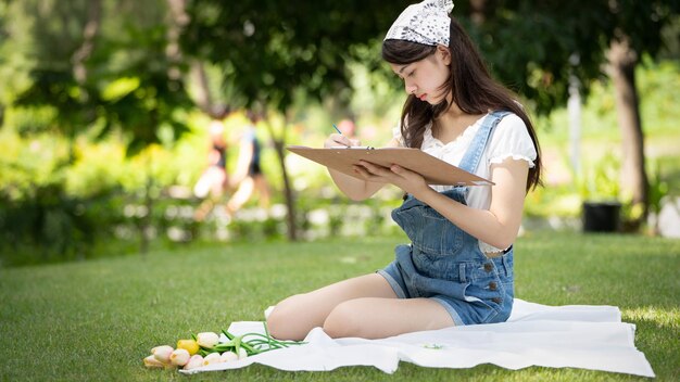 Donna affascinante della ragazza che si siede sul plaid al parco nella soleggiata giornata estiva e usando l'acquerello