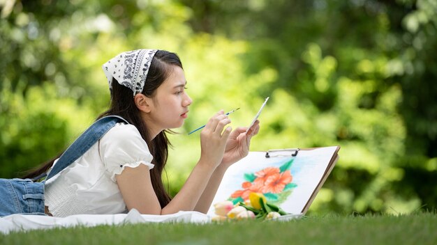 Donna affascinante della ragazza che si siede sul plaid al parco nella soleggiata giornata estiva e usando l'acquerello