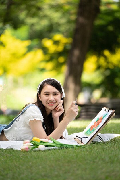 Donna affascinante della ragazza che si siede sul plaid al parco nella soleggiata giornata estiva e usando l'acquerello