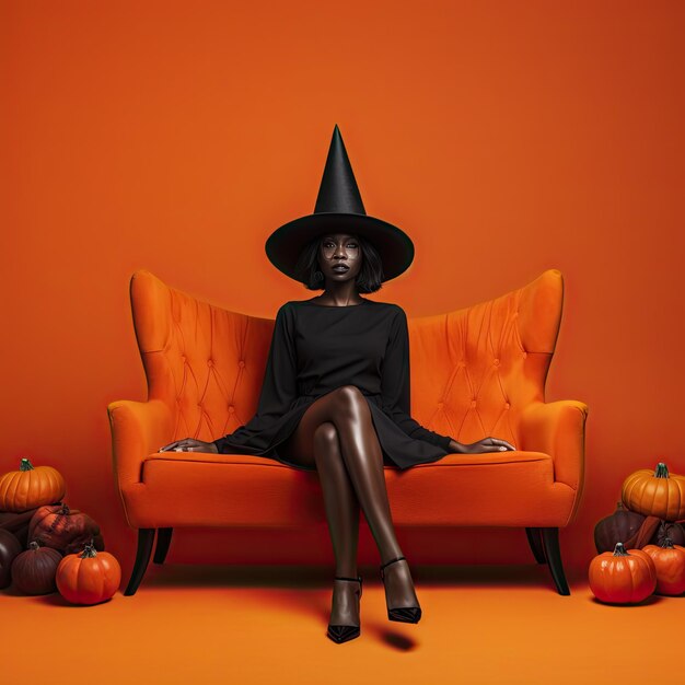 Donna africana che indossa abiti di Halloween seduta sul divano
