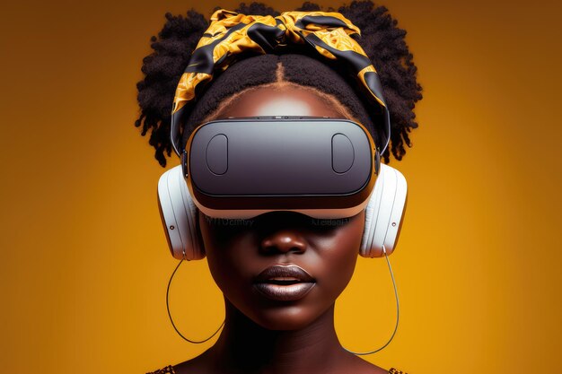 Donna africana che indossa occhiali per realtà virtuale in piedi studio sfondo pulito