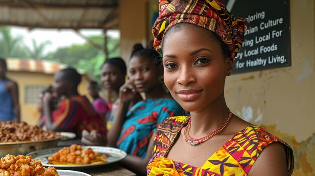 Donna africana che indossa un copricapo tradizionale al mercato alimentare