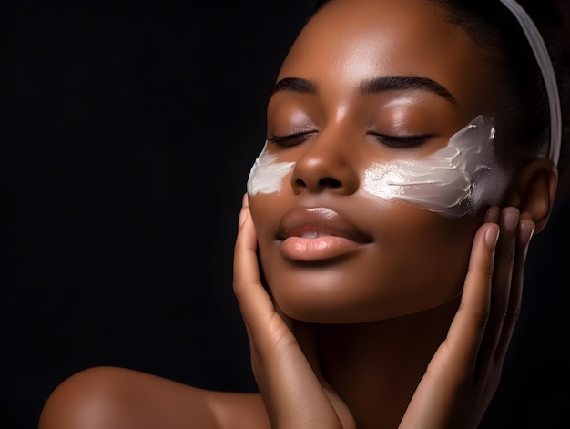 Donna africana che utilizza un prodotto per la cura della pelle Donna che prende la crema per il viso da applicare sulla pelle del viso