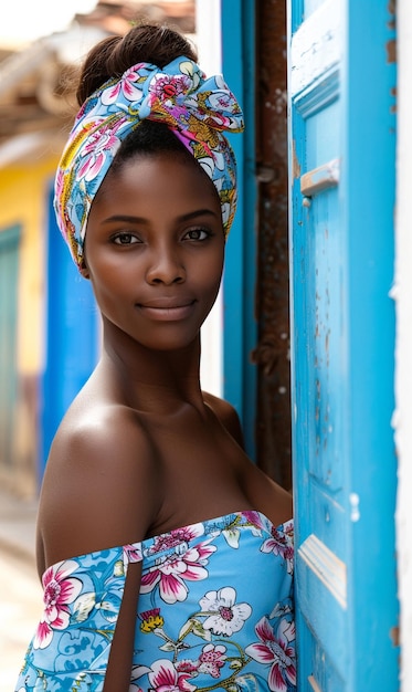 Donna africana con un turbante abiti tradizionali e interni Una ragazza con gioielli in abiti colorati nera pelle bella e mantenendo la sua etnia africana