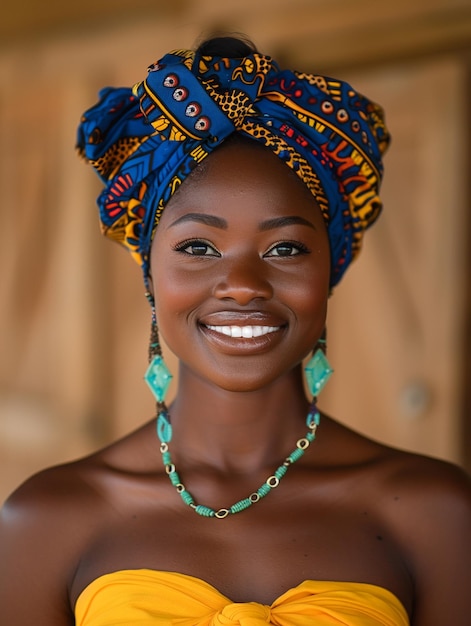 Donna africana con un turbante abiti tradizionali e interni Una ragazza con gioielli in abiti colorati nera pelle bella e mantenendo la sua etnia africana