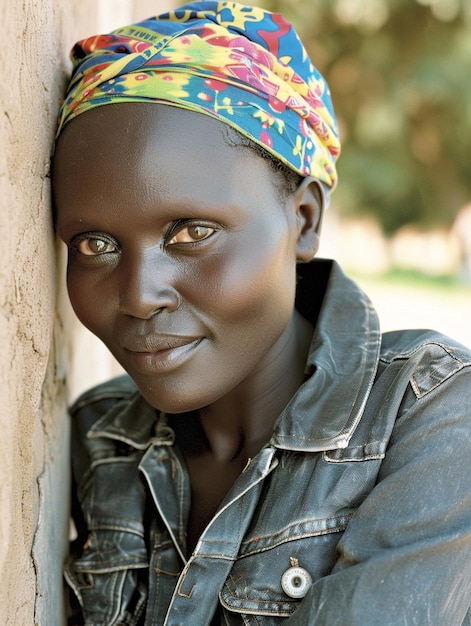 Donna africana con un turbante abiti tradizionali e interni Una ragazza con gioielli in abiti colorati nera pelle bella e mantenendo la sua etnia africana