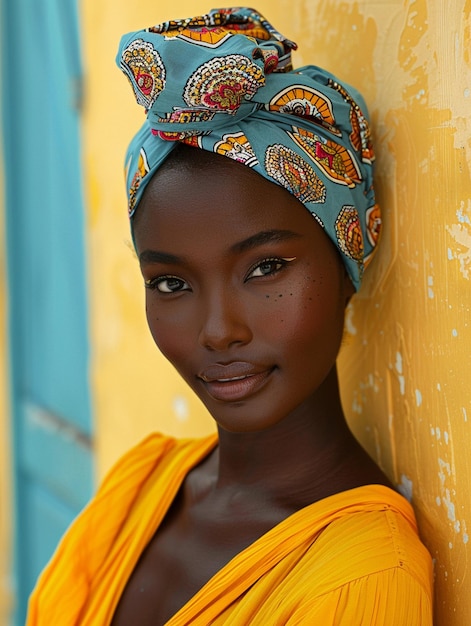 Donna africana con un turbante abiti tradizionali e interni Una ragazza con gioielli in abiti colorati nera pelle bella e mantenendo la sua etnia africana