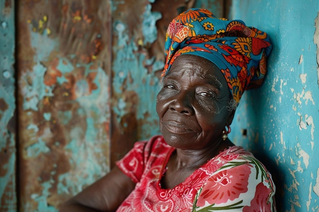 Donna africana con un turbante abiti tradizionali e interni Una ragazza con gioielli in abiti colorati nera pelle bella e mantenendo la sua etnia africana