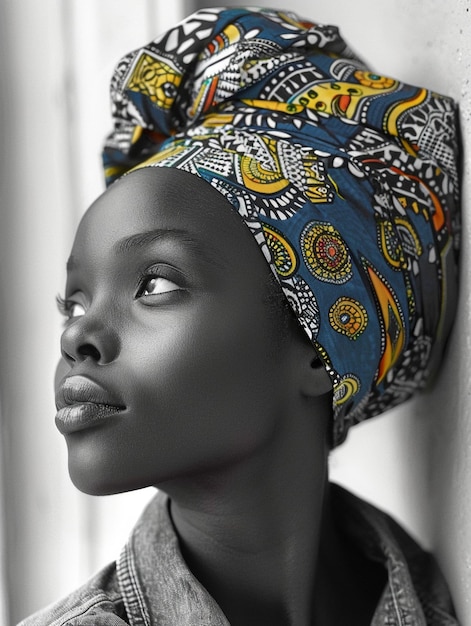 Donna africana con un turbante abiti tradizionali e interni Una ragazza con gioielli in abiti colorati nera pelle bella e mantenendo la sua etnia africana