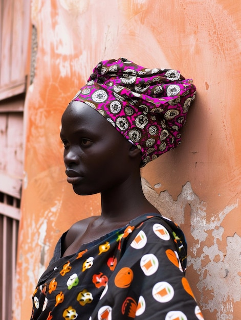 Donna africana con un turbante abiti tradizionali e interni Una ragazza con gioielli in abiti colorati nera pelle bella e mantenendo la sua etnia africana