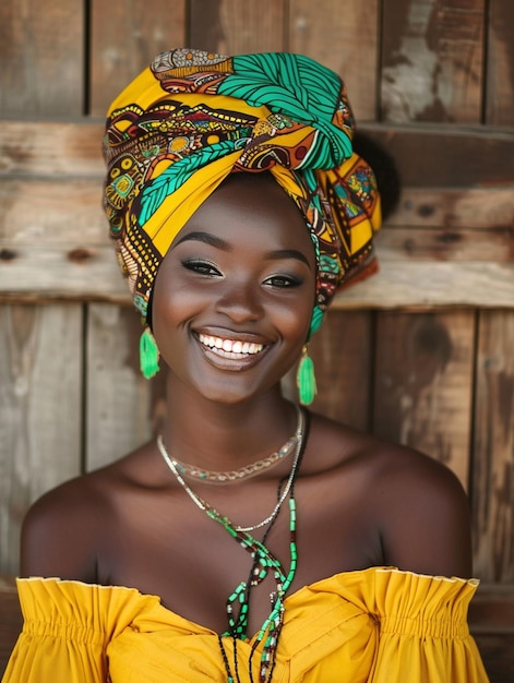 Donna africana con un turbante abiti tradizionali e interni Una ragazza con gioielli in abiti colorati nera pelle bella e mantenendo la sua etnia africana