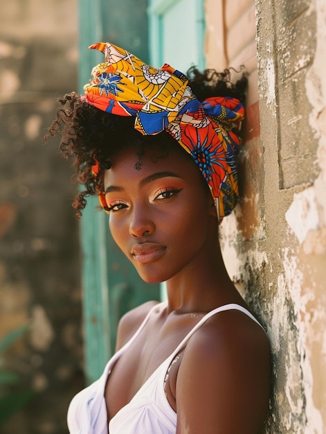 Donna africana con un turbante abiti tradizionali e interni Una ragazza con gioielli in abiti colorati nera pelle bella e mantenendo la sua etnia africana
