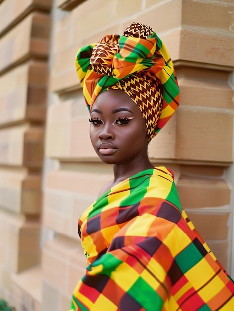 Donna africana con un turbante abiti tradizionali e interni Una ragazza con gioielli in abiti colorati nera pelle bella e mantenendo la sua etnia africana