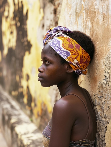 Donna africana con un turbante abiti tradizionali e interni Una ragazza con gioielli in abiti colorati nera pelle bella e mantenendo la sua etnia africana