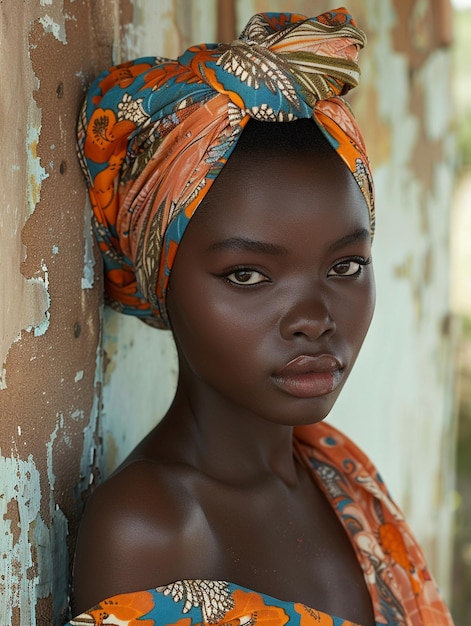 Donna africana con un turbante abiti tradizionali e interni Una ragazza con gioielli in abiti colorati nera pelle bella e mantenendo la sua etnia africana