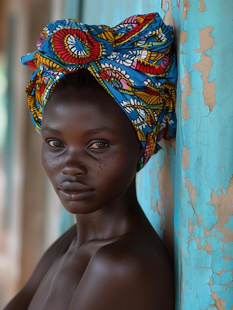 Donna africana con un turbante abiti tradizionali e interni Una ragazza con gioielli in abiti colorati nera pelle bella e mantenendo la sua etnia africana